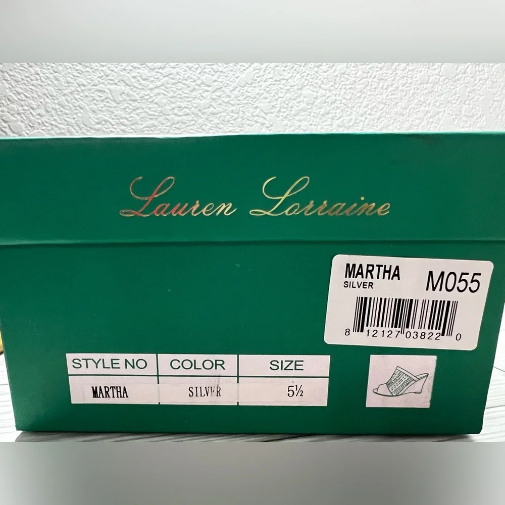 Lauren Lorraine‎ Martha Elegant Silver stretch Wedge Sandals size 5.5 & 7.5